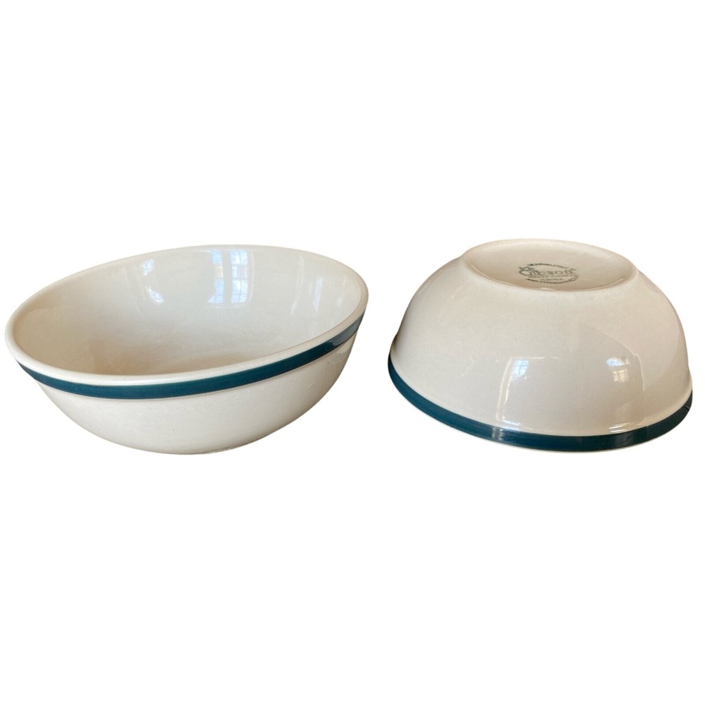 Gibson Housewares Cream Teal Rim Ceramic Soup Cereal Bowls Set of 2 China